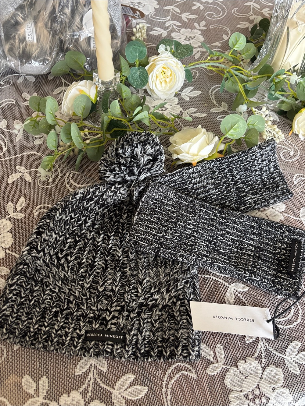 NEW w/tags Rebecca Minkoff Black & White Marled Pom Knit Beanie with arm warmers